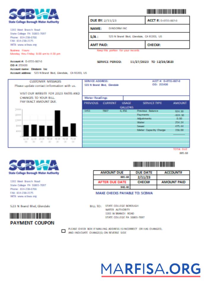 Printable SCBWA water utility business bill, SCR download for verification